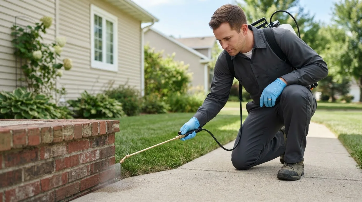 Pest control technician treating a home near Quinton, OK