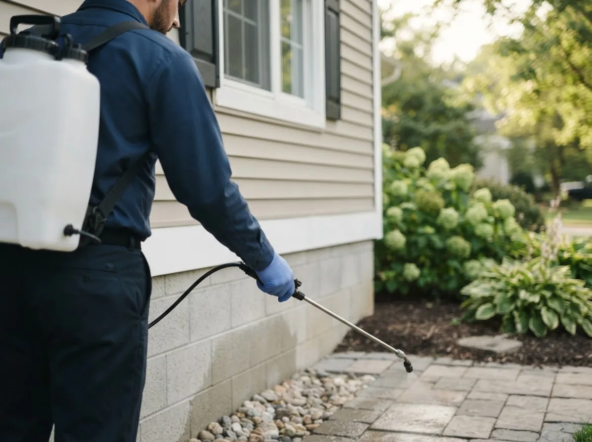 Pest control technician inspecting a home in Quinton, OK